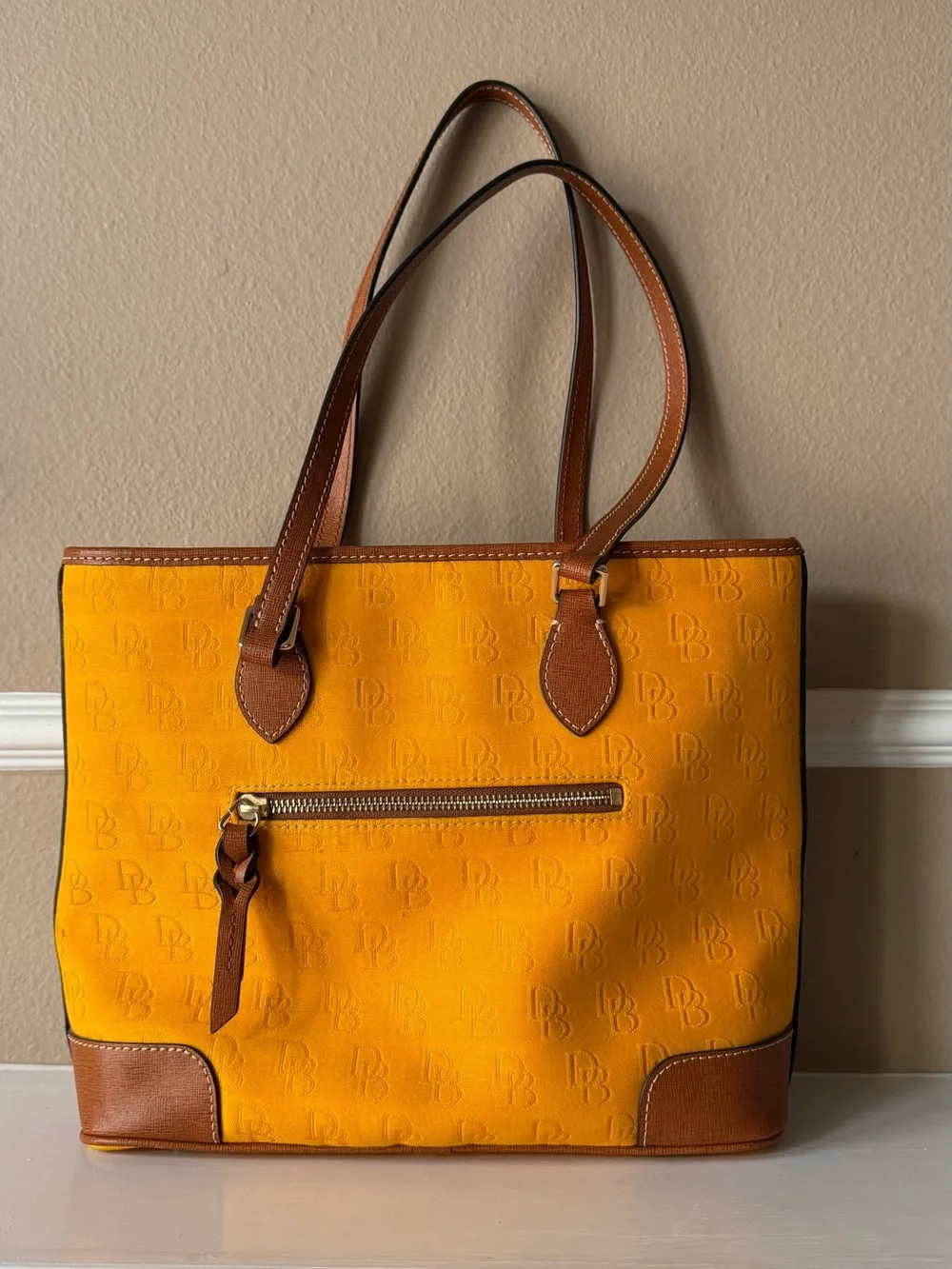 Dooney & Bourke Purse Marigold Yellow Gold Tote Bag Brown Leather Trim Red NWOT